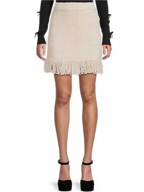 Evolutionary Knit Fringe Hem Sweater Skirt in Cream SZ: S